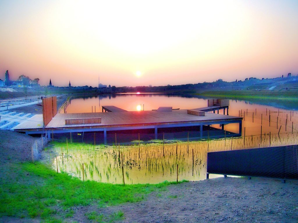 Dieses Bild zeigt den Dortmunder Phönixsee bei Sonnenuntergang.