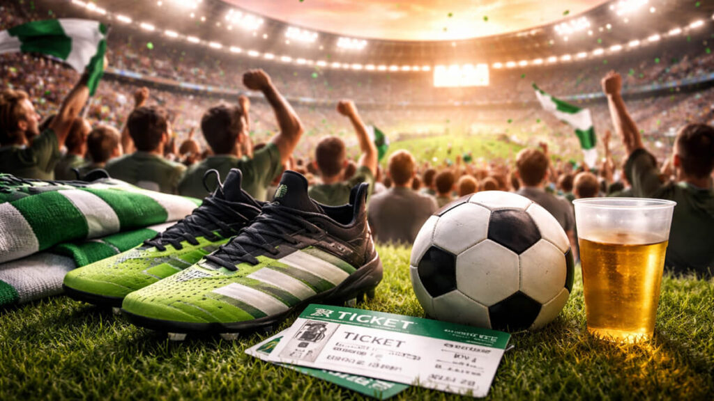 Fußballfans im Stadion mit passender Stadionausrüstung Fußballfans im Stadion mit passender Stadionausrüstung