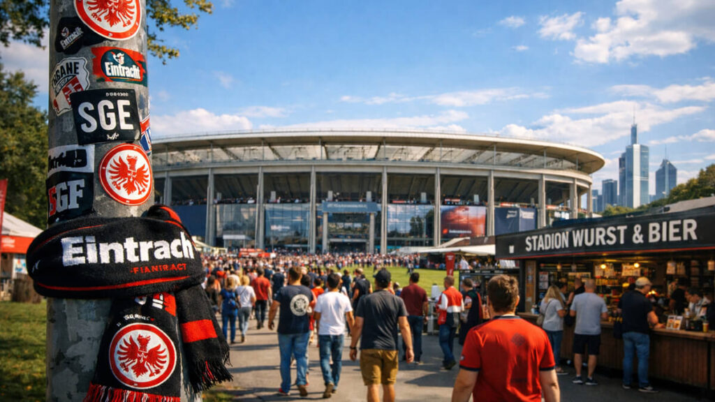 Fußballfans vor dem Deutsche Bank Park von Eintracht Frankfurt Fußballfans vor dem Deutsche Bank Park von Eintracht Frankfurt