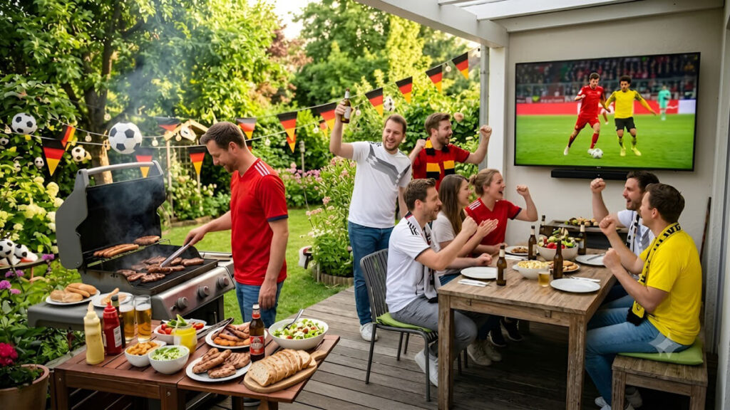 Fußballfans beim Grillem im Garten am Heimspieltag
