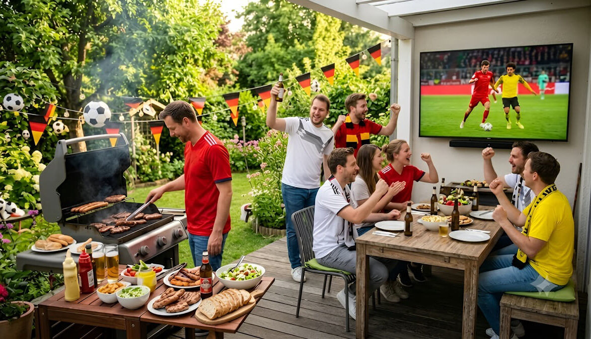 Fußballfans beim Grillem im Garten am Heimspieltag